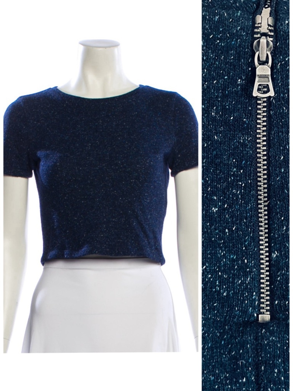 Alice + Olivia Wool Silk Blend Crew Neck Crop Sweater Top Navy Blue Size XS EUC